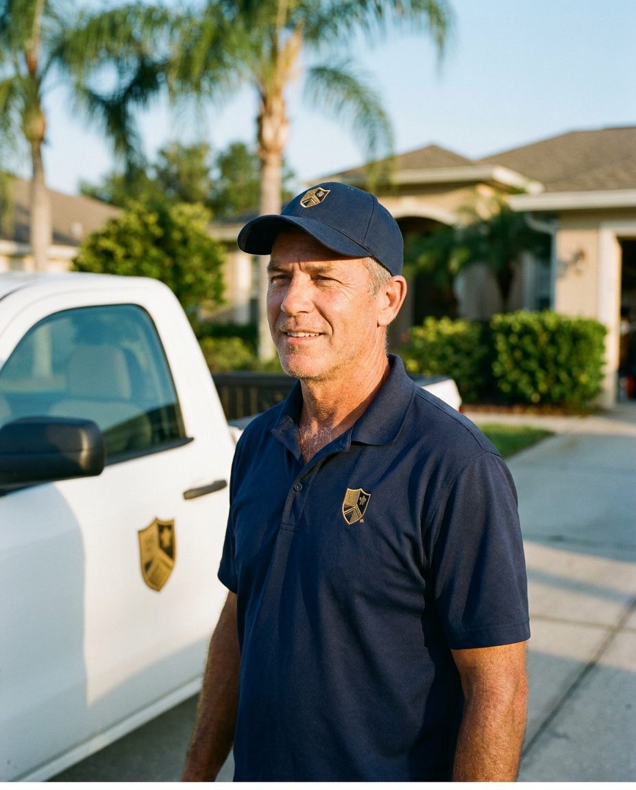 A Knights on Dooty technician in a navy uniform standing beside a loaded service truck in a suburban Deltona driveway.
